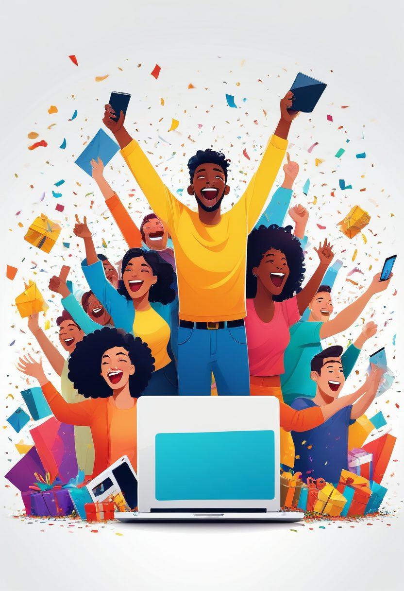 A dynamic and engaging scene of diverse people winning prizes in an online raffle; happy faces, confetti, and digital devices like laptops and smartphones; colorful raffle tickets and a central jackpot prize, such as a car or a big gift box. vector art. vibrant colors. white background.