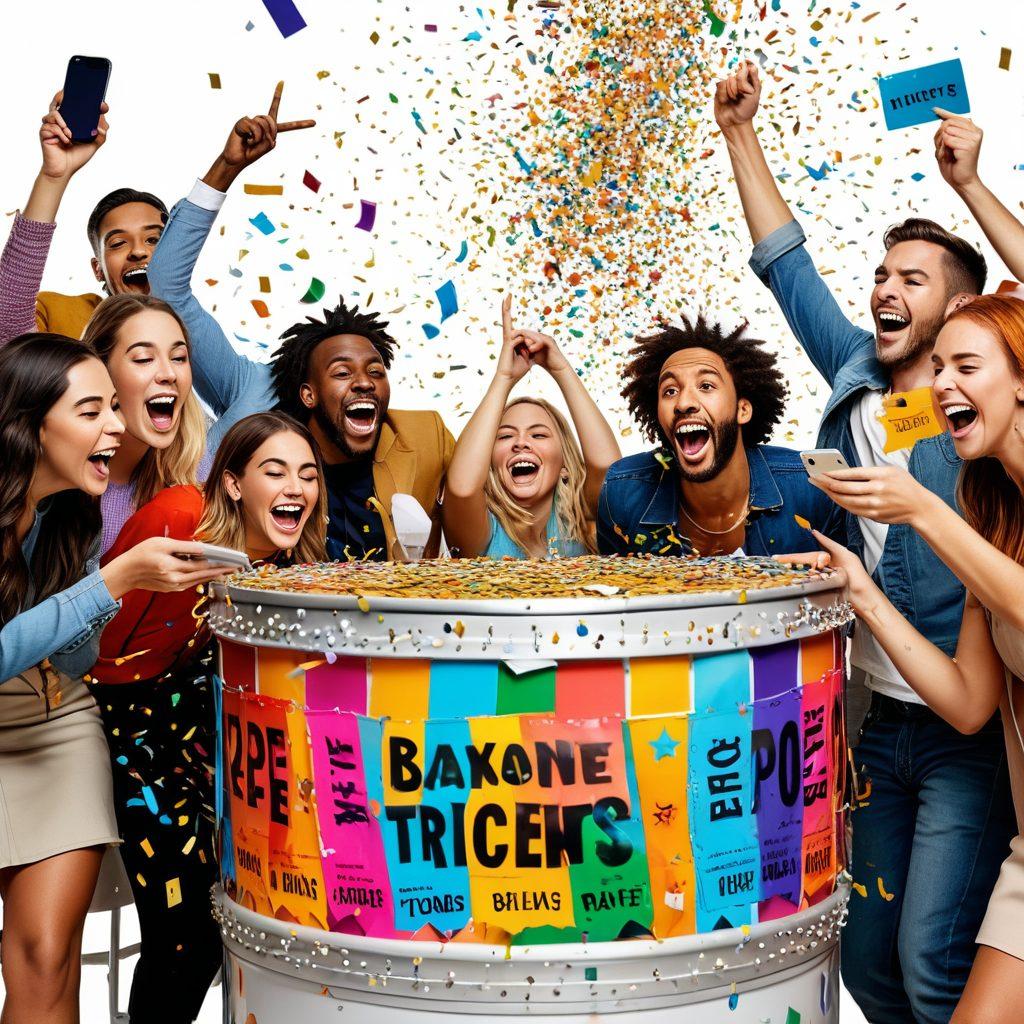 A diverse group of excited people gathered around a large, sparkly raffle drum filled with colorful tickets, each with a hopeful and anticipatory expression on their faces. In the background, confetti falls and there are various devices indicating online participation, such as smartphones and laptops with raffle websites displayed. The scene is vibrant and celebratory, with bright colors and a sense of excitement. Super-realistic. Vibrant colors. White background.