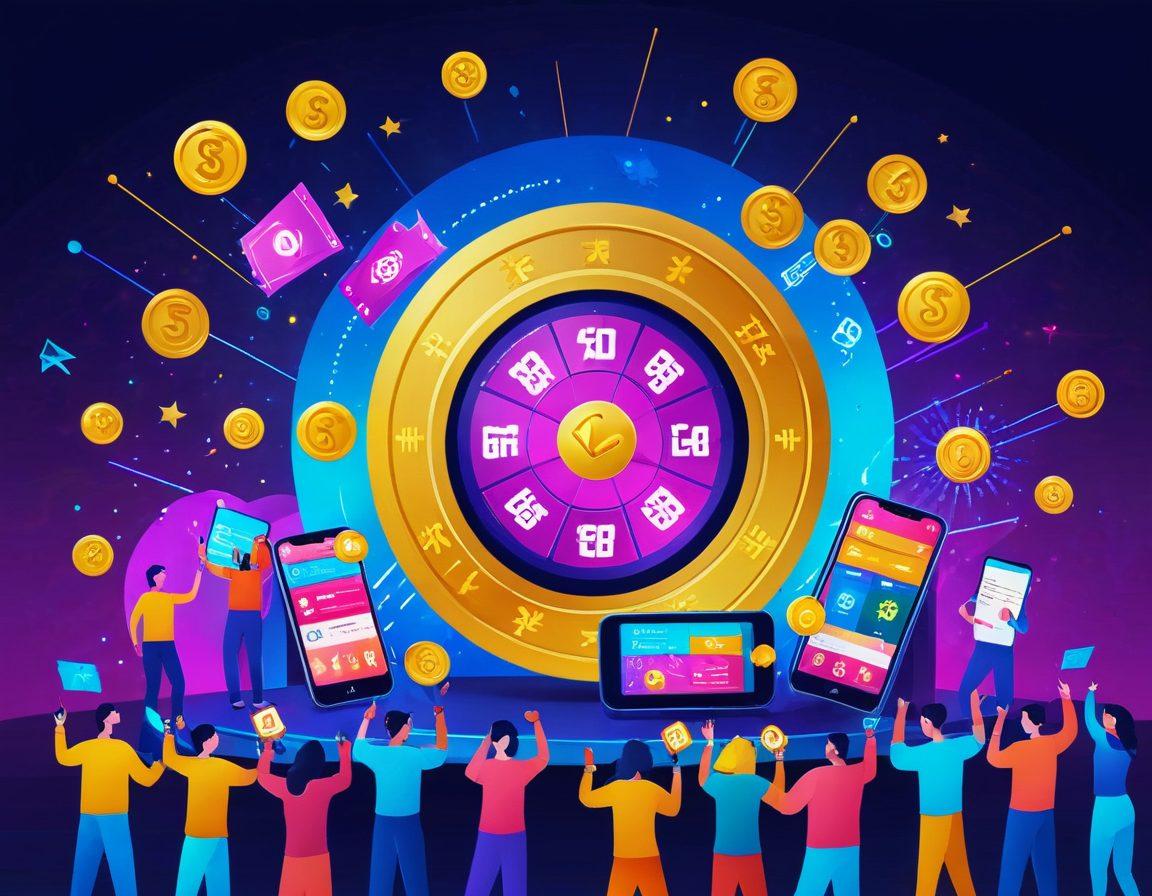A vibrant illustration of a digital lottery platform with excited users cheering as they win virtual prizes. Show a diverse group of people with various gadgets like smartphones and tablets actively participating. Include icons like spinning wheels, golden tickets, and virtual coins. The background should be a digital-themed environment with futuristic elements. vibrant colors. vector art.